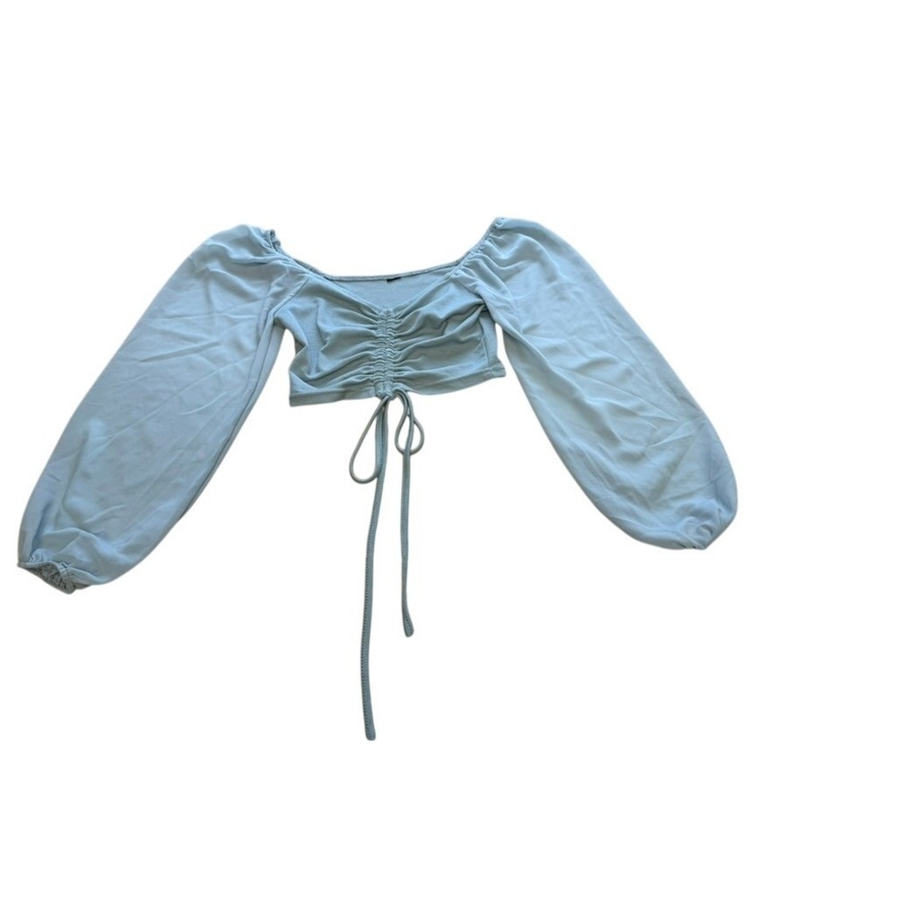 Light Blue Ruched Drawstring Crop Top Off Shoulder Balloon Sleeve Ribbed Knit - Picture 4 of 7